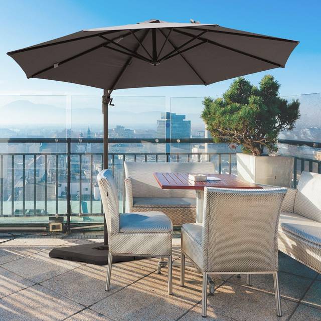 Outsunny 3M Roma Umbrella Sun Shade Cantilever Hanging Parasol w/ Cross Base Hand Crank Aluminium Frame 360°Rotation - Grey Aosom UK