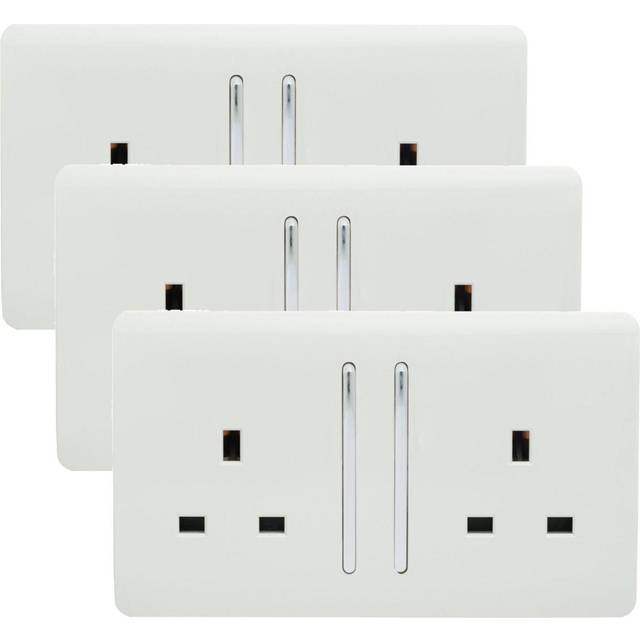 Trendi 2 Gang 13 Amp Switched Socket Long Rocker, Pack of 3 - White, White