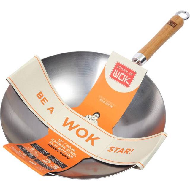 School of Wok by Dexam 12"/30cm Heavy Duty Uncoated Carbon Steel Wok, Silver