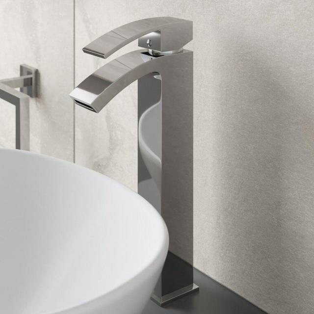 Modern Mono High Rise Tall Basin Sink Mixer Tap Curved Spout Lever Handle Chrome