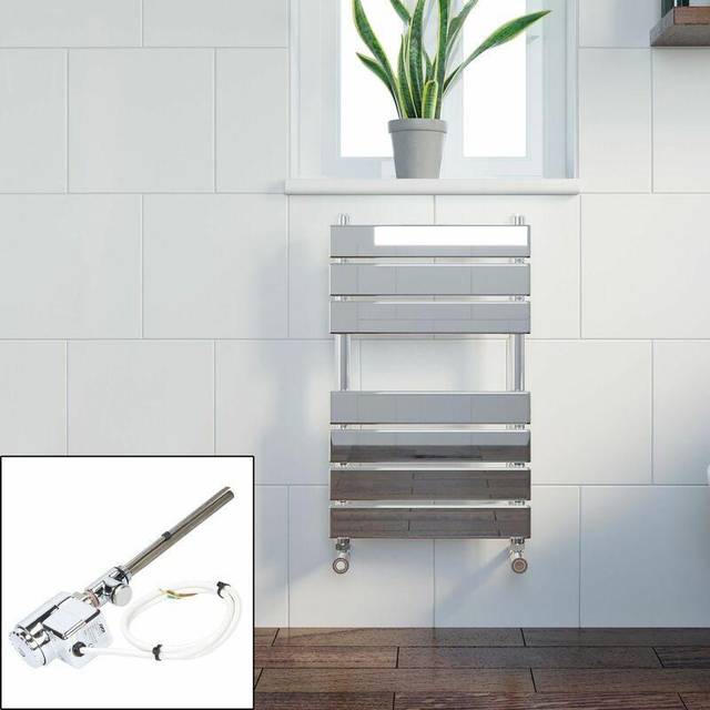 Dual fuel flat panel heated towel rail 650x400mm thermostatic chrome wall mounte