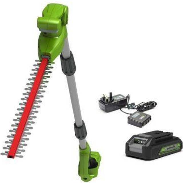 Greenworks 24v Cordless Long Reach Split-shaft Hedge Trimmer with 2Ah Lithium-ion Battery and Charger, Green
