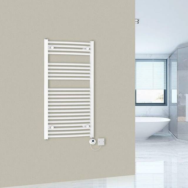 (1100x600mm-500wW) WarmeHaus Curved White Prefilled Electric Heated Towel Rail Thermostatic with LCD Display Heating Element
