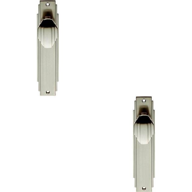 2x PAIR Line Detailed Door Knob on Latch Backplate 205 x 45mm Satin Nickel