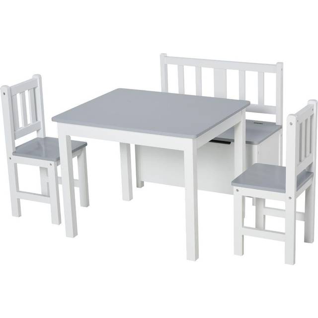 HOMCOM 4 Piece Set Kids Wood Table Chair Bench With Storage Function for 3 Years Grey And White, Grey
