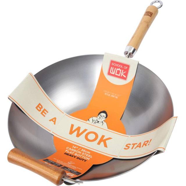 School of Wok by Dexam 14"/36cm Heavy Duty Carbon Steel Wok, Silver