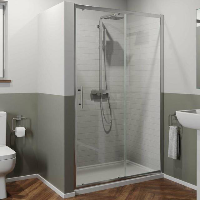 1400 x 900mm Sliding Shower Door Enclosure 6mm Glass Chrome Framed Tray & Waste