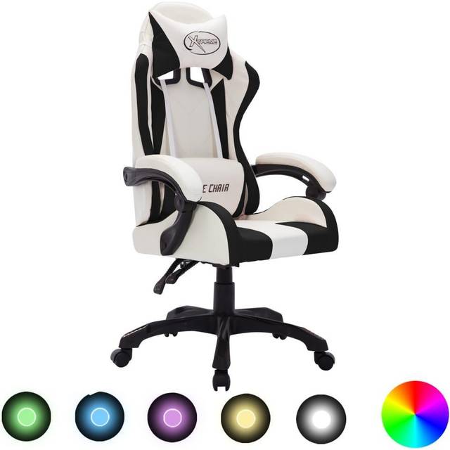 Gamingstol med RGB LED-lampor vit och svart konstläder