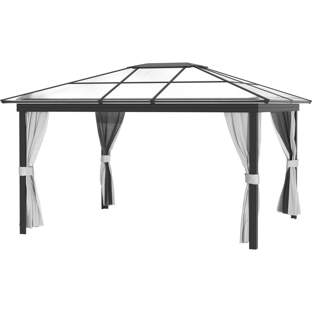 Outsunny 4 x 3.6m Hardtop Gazebo with UV Resistant Polycarbonate Roof & Aluminium Frame, Garden Pavilion with Mosquito Netting and Curtains Aosom UK