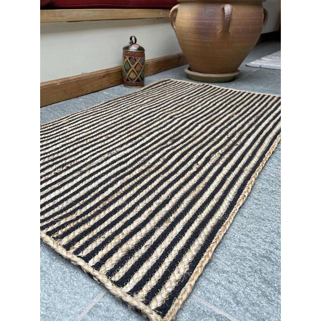 CHAKKAR DARK Stripe Rectangular Braided Beige Black Rug - Jute - L75 x W120 - Beige/Black