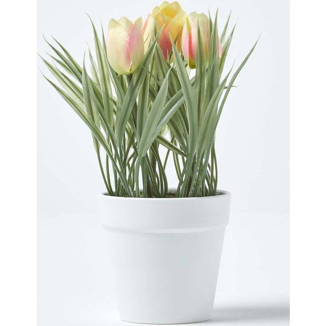 Pink & Cream Artificial Tulips in White Decorative Pot, 22 cm Tall