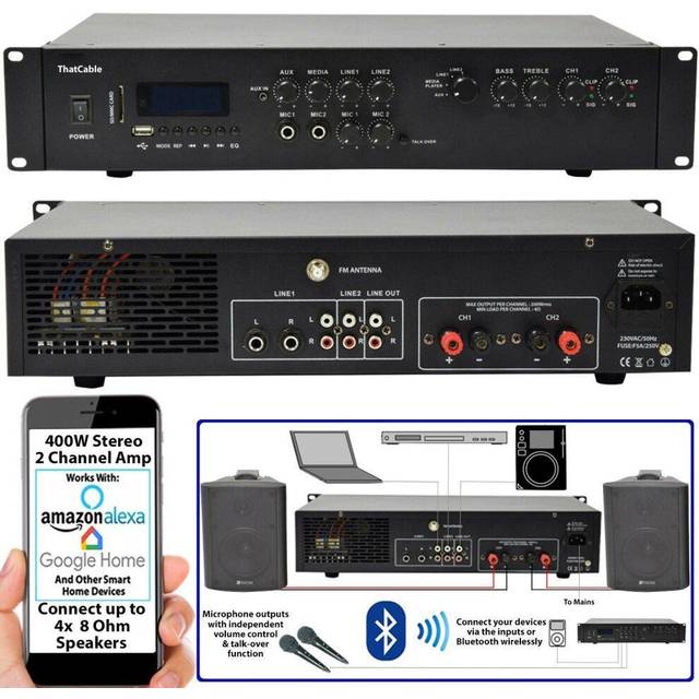 400W Stereo Bluetooth Amplifier 2 Channel Mixer HiFi Amp Wireless Loudspeaker