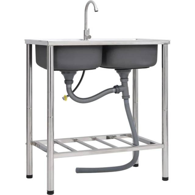 vidaXL Camping Sink Double Basins with Tap Stainless Steel - Silver