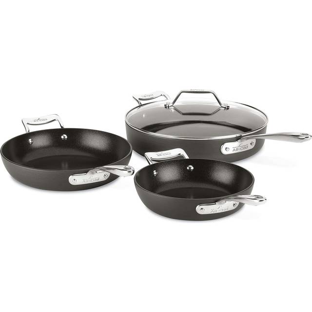 All-Clad Essentials Hard Anodized Nonstick Sauce Pan Set 4 Piece  8  10.25 Inch  4 Quart Oven Broiler Safe 500F Pots and Pans  Cookware Black