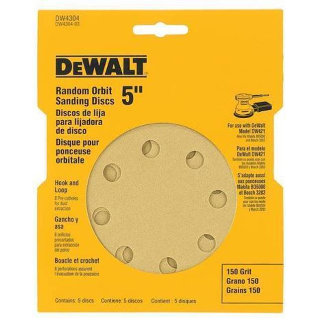 DEWALT DW4304 5-Inch 8 Hole 150 Grit Hook and Loop Random Orbit Sandpaper (5-Pack)  Beige