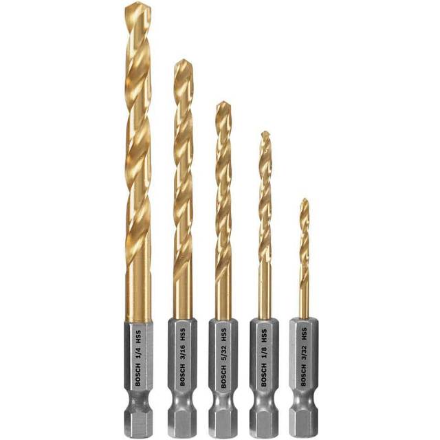 BOSCH TI5IM 5-Piece Assorted Set Titanium Nitride Coated Metal Drill Bits with Included Case Impact Tough with Impact-Rated Hex Shank Ideal for Heavy-