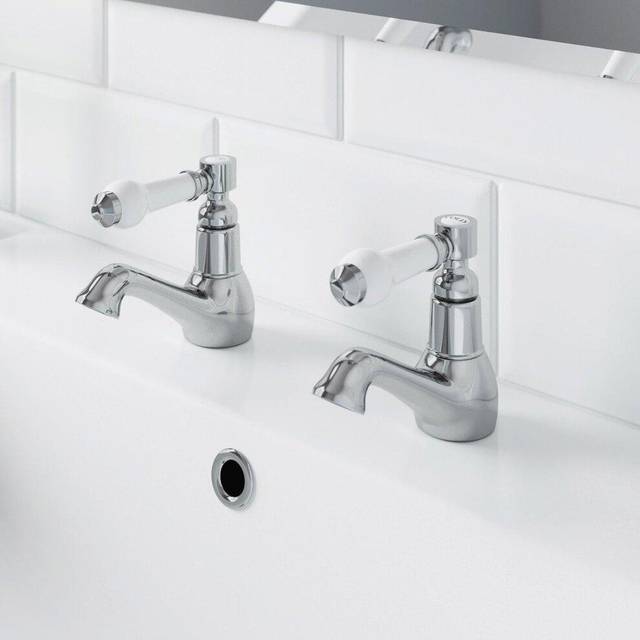 Traditional Bathroom Hot & Cold Twin Basin Taps Chrome Ceramic Lever Handles