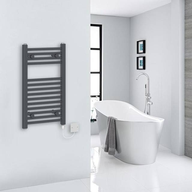 (700x400mm - 300W) WarmeHaus Anthracite Electric Pre-Filled Straight Heated Towel Rail Radiator