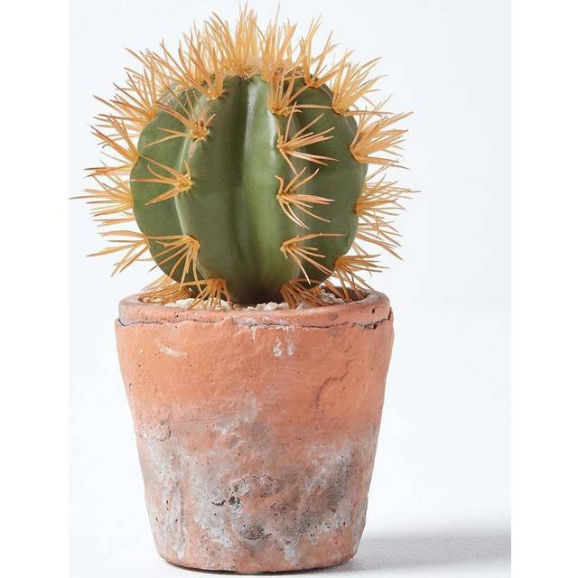 Small Artificial Cactus in Terracotta Pot 15cm Tall Round Fake Cactus - Orange