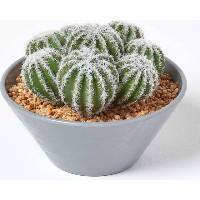 Lifelike Artificial Barrel Cactus in Round Grey Pot, 17 cm Tall - Green