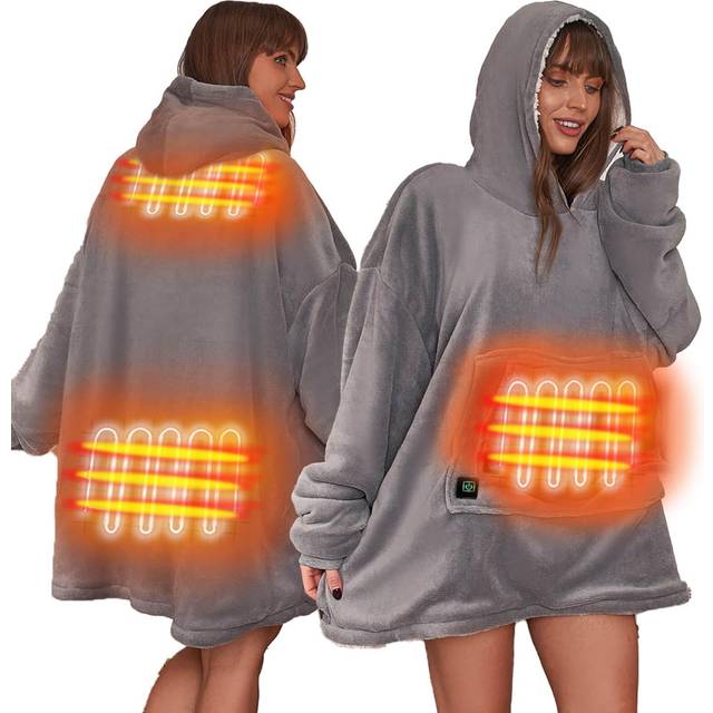 OHS Heated Hoodie Blanket Ultra Soft Plush Wearable Sherpa Oversized - Grey - One Size