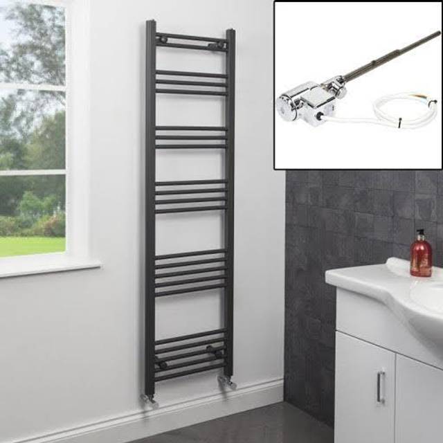 Dual Fuel Anthracite Heated Towel Radiator 1600 x 450mm - Flat Thermostatic