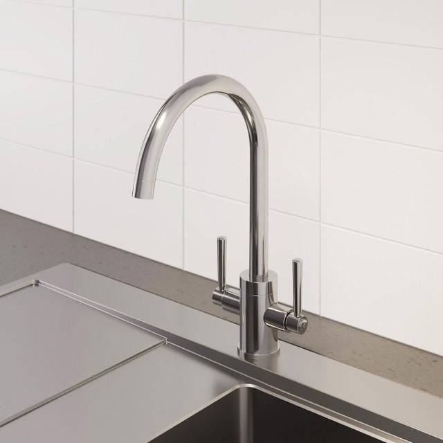 Modern Mono Kitchen Sink Mixer Tap Twin Lever Chrome Curved Swivel Spout Faucet