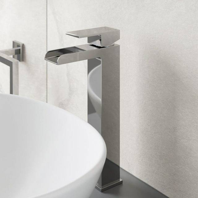 Bathroom High Rise Tall Mono Basin Mixer Tap Square Single Lever Modern Chrome