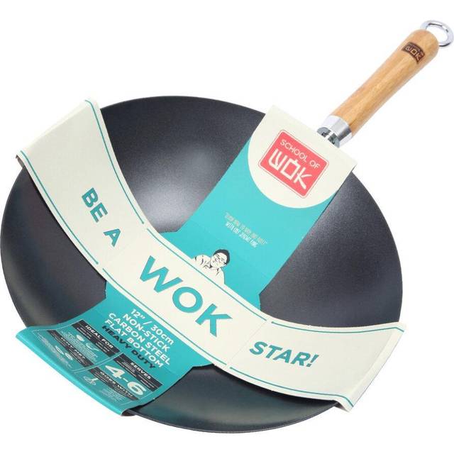 School of Wok by Dexam 12"/30cm Heavy Duty Non-Stick Carbon Steel Wok, Black