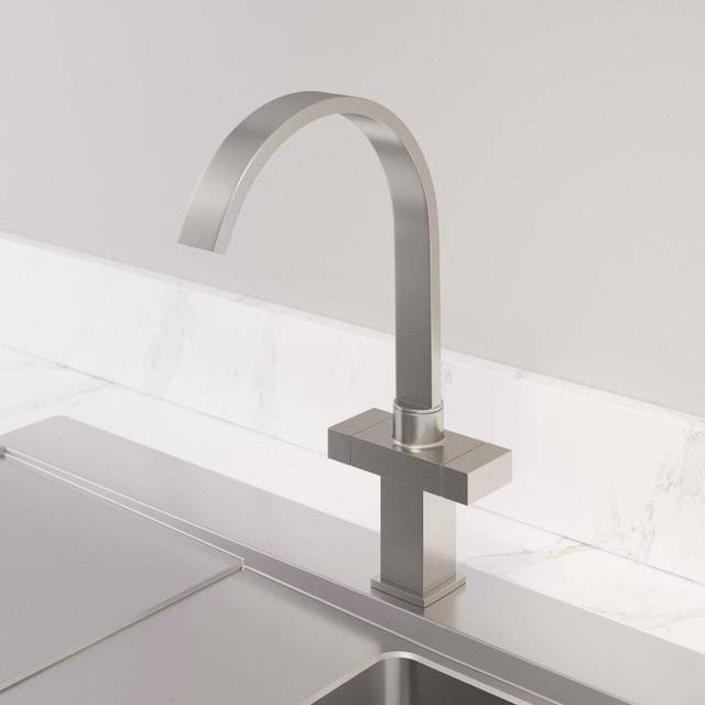 Modern Mono Kitchen Mixer Tap Square Swivel Spout Twin Controls Brushed Finish