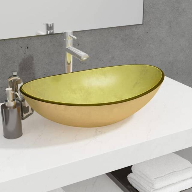 vidaXL Basin Tempered Glass 42 cm Gold, Gold