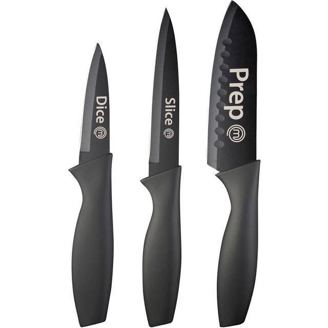MasterChef Kitchen Knives Set of 3 Professional, Extra Sharp Stainless Steel Paring, Utility & Chef Knife With Non Stick Coating & Soft Touch Grip, 3