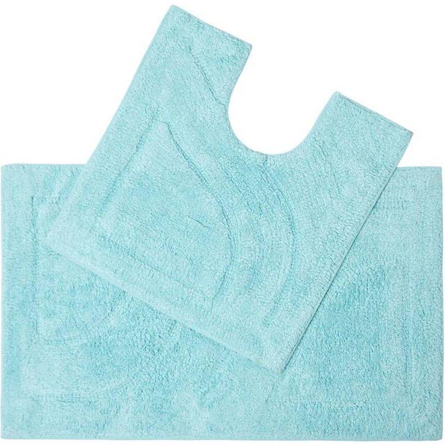 Homescapes Luxury Reversible Aqua 100% Cotton Pedestal and Bath Mat Set, Machine Washable, Super Absorbent, Soft and Hand-Tufted, Eco Friendly - Blue