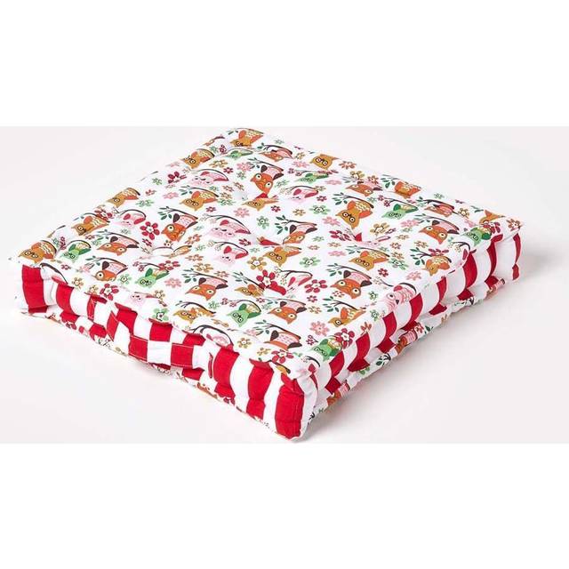 Homescapes 100% Cotton Owl Floor Cushion, 40 x 40 x 8 cm, Red, OEKO-TEX Certified, Handcrafted, 16 x 16 x 3" - Rouge
