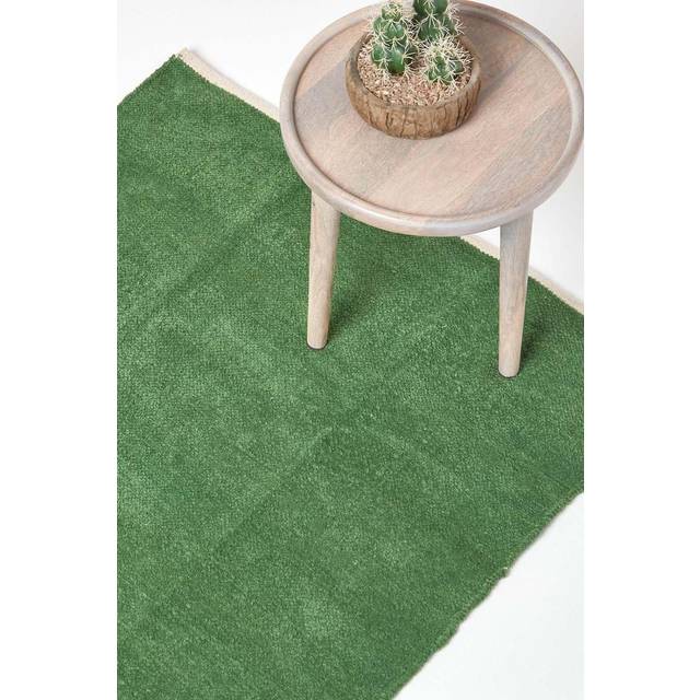 Dark Olive 100% Cotton Plain Chenille Rug with Natural Trim, 90 x 150 cm - Green