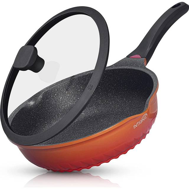 INTIGNIS Non Stick Frying Pan with Lid Large Deep Stainless Steel Base Anti Scratch Induction Gas Electric All Hob Types (Orange)