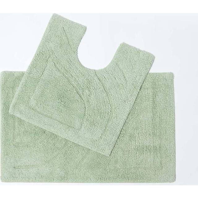 Homescapes Luxury Reversible Sage Green 100% Cotton Pedestal and Bath Mat Set, Machine Washable, Super Absorbent, Soft and Hand-Tufted, Eco Friendly