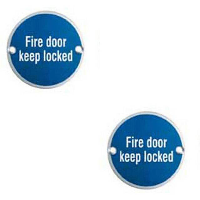 2x Fire Door Keep Locked Sign 64mm Fixing Centres 76mm Dia Polished Steel