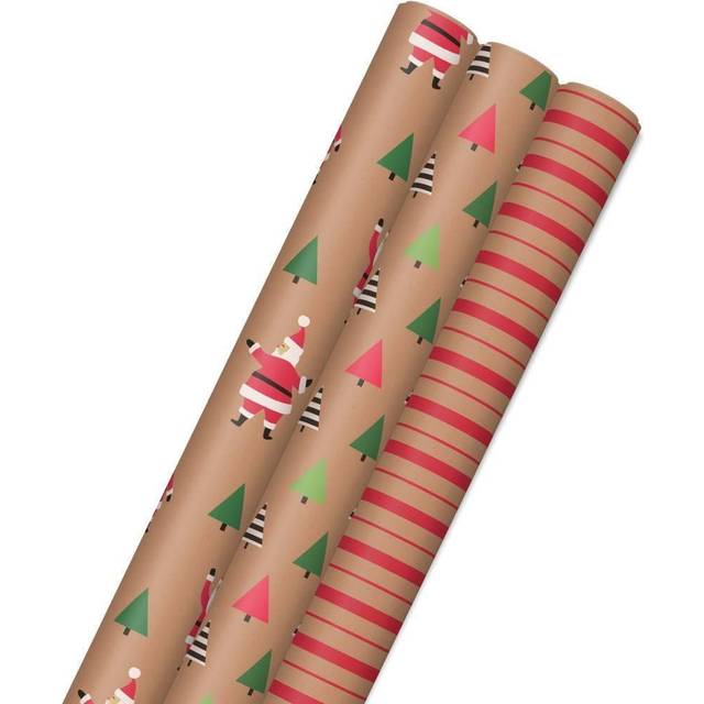 Hallmark Christmas Wrapping Paper Rolls  Brown Kraft Holiday Gift Wrap (Pack of 3: 90 sq. ft. ttl) Kraft with Santas  Trees  Stripes