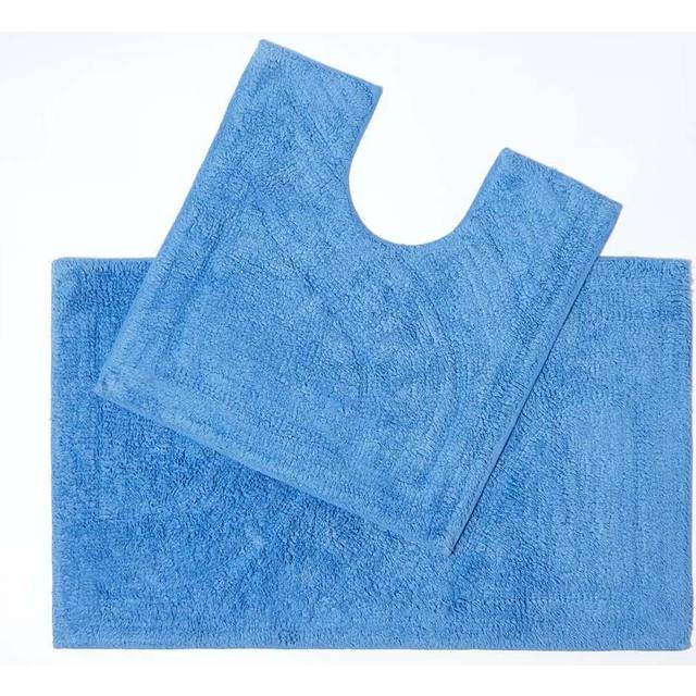 Homescapes Luxury Reversible Cobalt Blue 100% Cotton Pedestal and Bath Mat Set, Machine Washable, Super Absorbent, Soft and Hand-Tufted, Eco Friendly