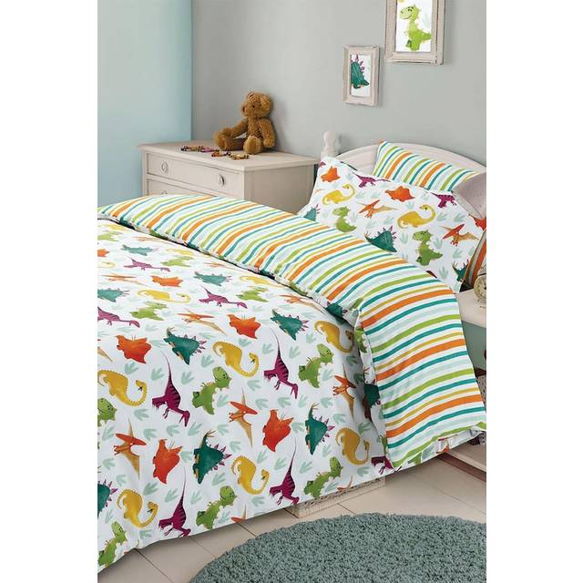 Dreamscene Dino Stripe Kids Duvet Cover Bedding Set - Green / Single