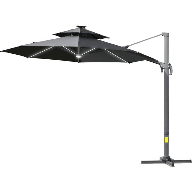 Outsunny 3m Cantilever Parasol w/ Solar Lights Power Bank Cross Base Adjustable Canopy 360° Spin Garden Umbrella 2-Tier Roof Sun Shade Grey Aosom UK