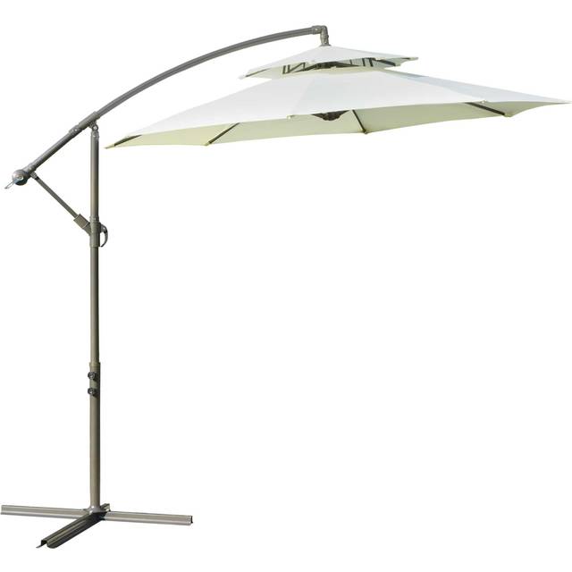 Outsunny 2.7m Garden Banana Parasol Cantilever Umbrella w/ Crank Handle, Double Tier Canopy, Cross Base, Hanging Sun Shade, Beige Aosom UK