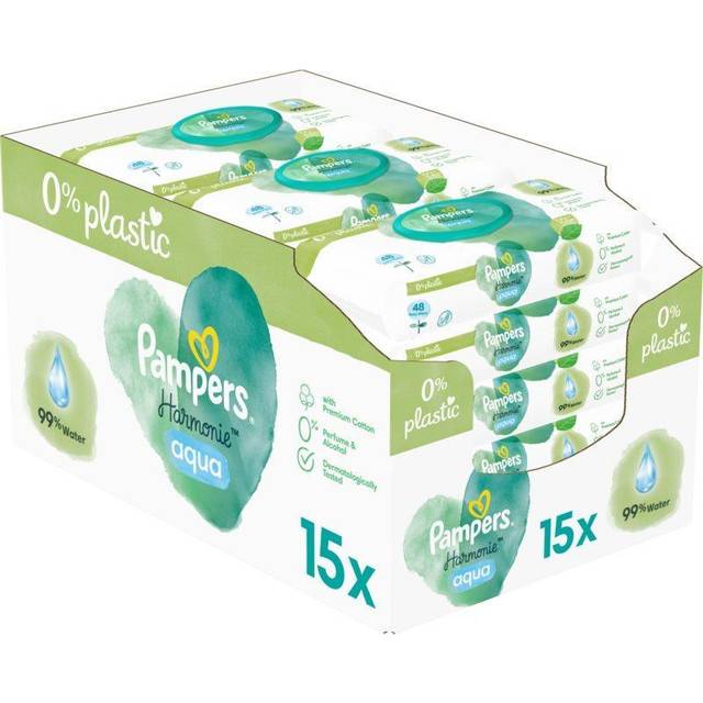Pampers Harmonie Aqua Baby våtservettslåda, 720 våtservetter (15 x 48), skonsamt hudskydd för känslig hud med 99% vatten