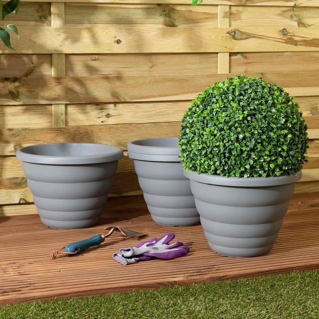 Large 32cm Round Rippled Grey Planter Plastic Plant Pot Flower Planter