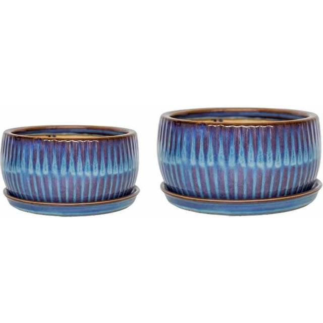 Set of 2 Round Reactive Glaze Bonsai Plant Pots - Blue