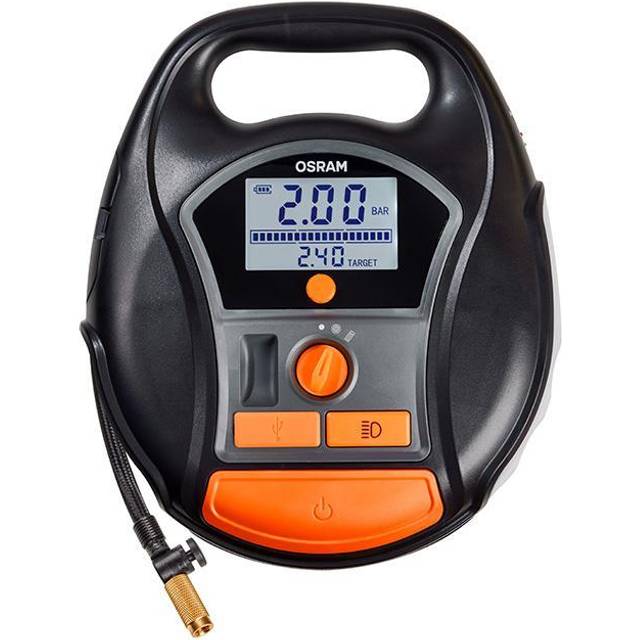 OSRAM TYREinflate 6000, sladdlös, uppladdningsbar digital däckpump och luftpump med LED-ljus och deflatorfunktion​, portabel kompressor för däck, strömanslutning via 12V-uttag, däckpumpning på 2 min