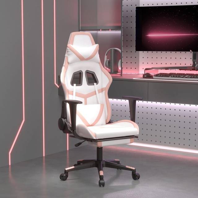 vidaXL Gamingstol med massage och fotstöd vit och rosa konstläder