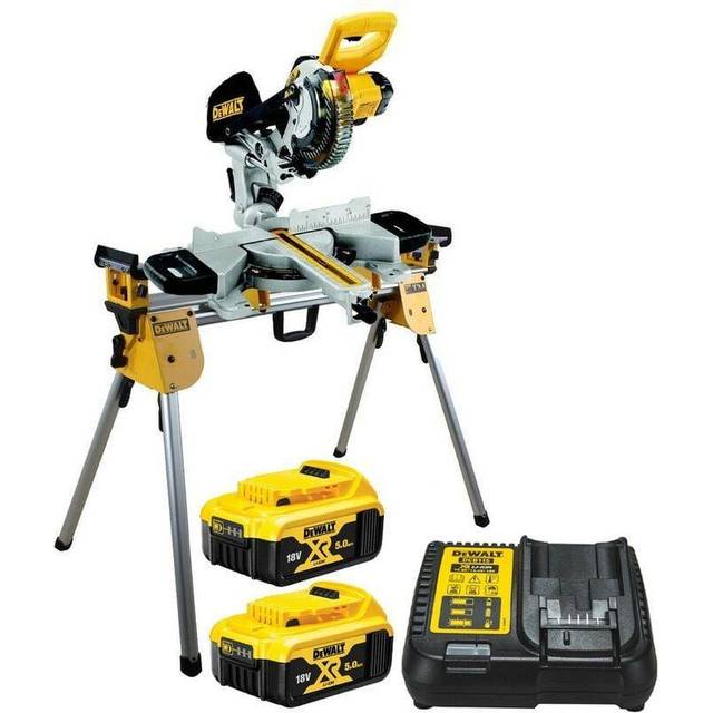 Dewalt DCS365P2 18v Cordless XPS 184mm Mitre Saw, 2 x 5.0ah + DE7033 Leg Stand