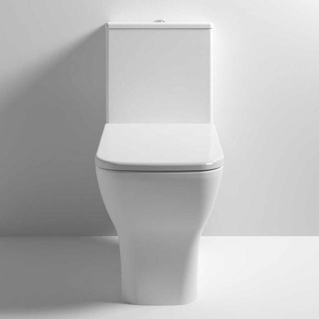 Nuie Ava Rimless Open Back Close Coupled Toilet with Soft Close Toilet Seat | White | ABS Polished Chrome | 375mm x 790mm x 612mm